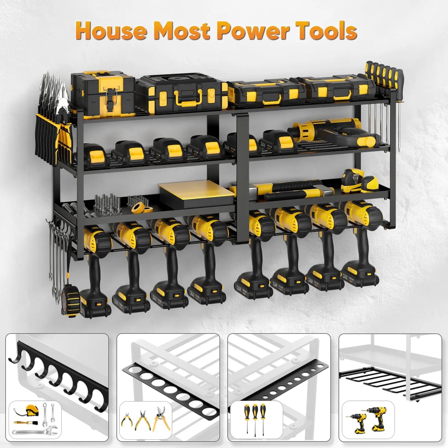 Power Tool Organizer, Wall Mount, Extended Large Heavy Duty Drill Holder, 4 Layer Garage and Storage, Suitable Utility Racks