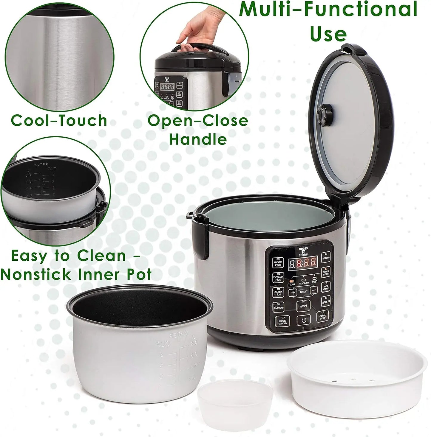 Small Digital Electric Rice Cooker, 4-8 Cups, 10 Preset Settings, Brown and White Rice Steamer, Slow Cooker with Steamer for Veg