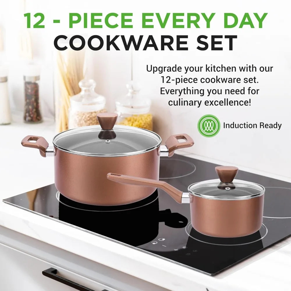 13-Piece Nonstick Kitchen Cookware Set-PTFE/PFOA/PFOS-Free, Heat Resistant Kitchen Ware Pots Pan Set w/ Saucepan, Frying Pans, Cooking Utensils