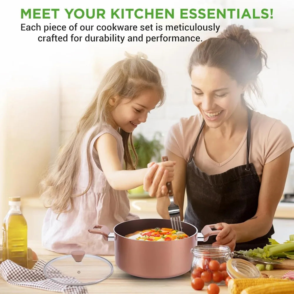 13-Piece Nonstick Kitchen Cookware Set-PTFE/PFOA/PFOS-Free, Heat Resistant Kitchen Ware Pots Pan Set w/ Saucepan, Frying Pans, Cooking Utensils
