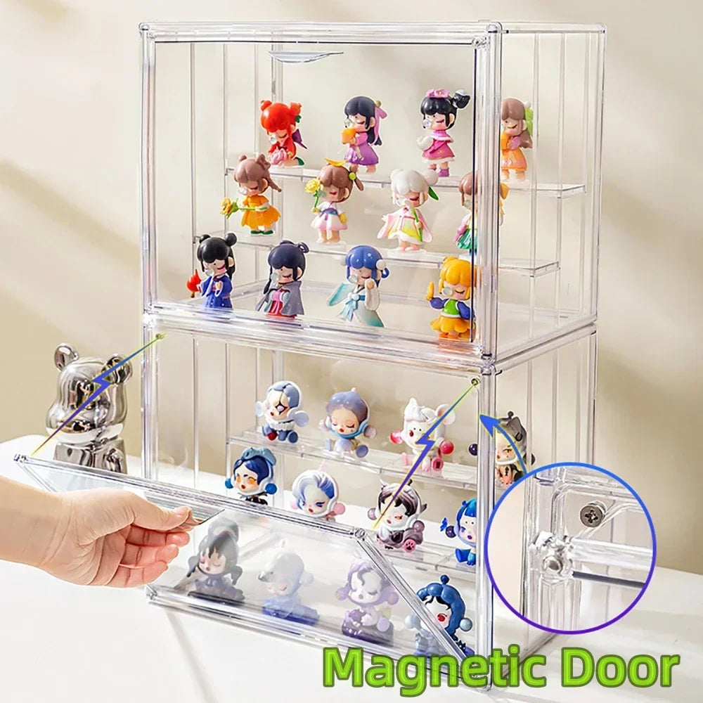 Clear Display Box, Stackable Plastic Dustproof Storage Bins, Figures Display, Collectibles Bag, Cosmetic Show Case with Interlayers