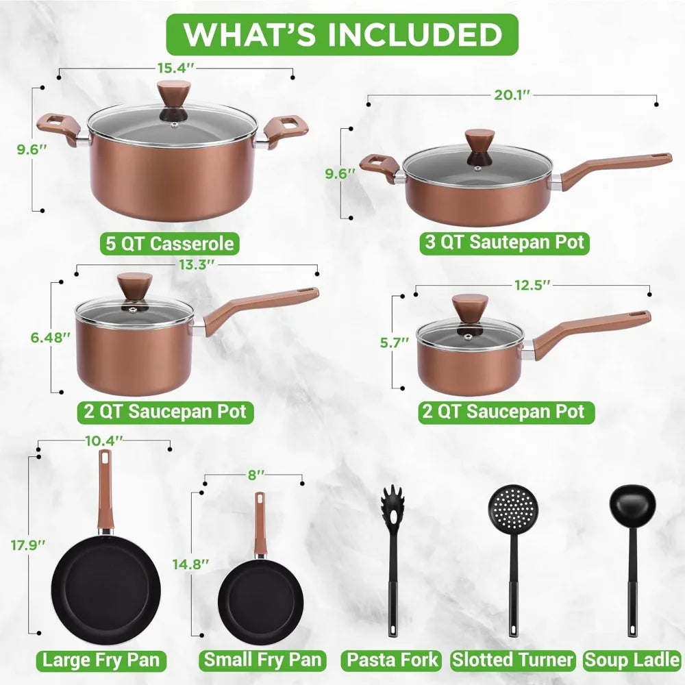 13-Piece Nonstick Kitchen Cookware Set-PTFE/PFOA/PFOS-Free, Heat Resistant Kitchen Ware Pots Pan Set w/ Saucepan, Frying Pans, Cooking Utensils