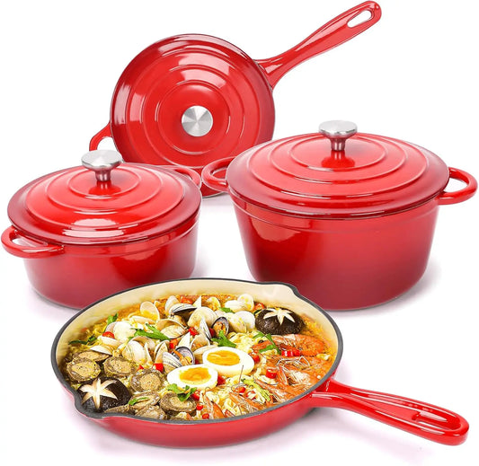 Enameled Cast Iron Cookware Set - 7 Piece Dutch Ovens Set, Sauce Pan, Skillet, 3 Lids, Pots and Pans Set, Ceramic Coated Cast Iron