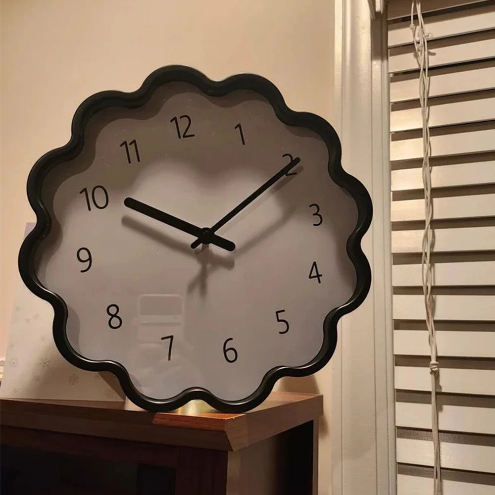 12" Wavy Wall Clock Battery Operated, Modern Decorative Silent Analog Wall Clock for Bathroom Kitchen Bedroom Living Room, Black