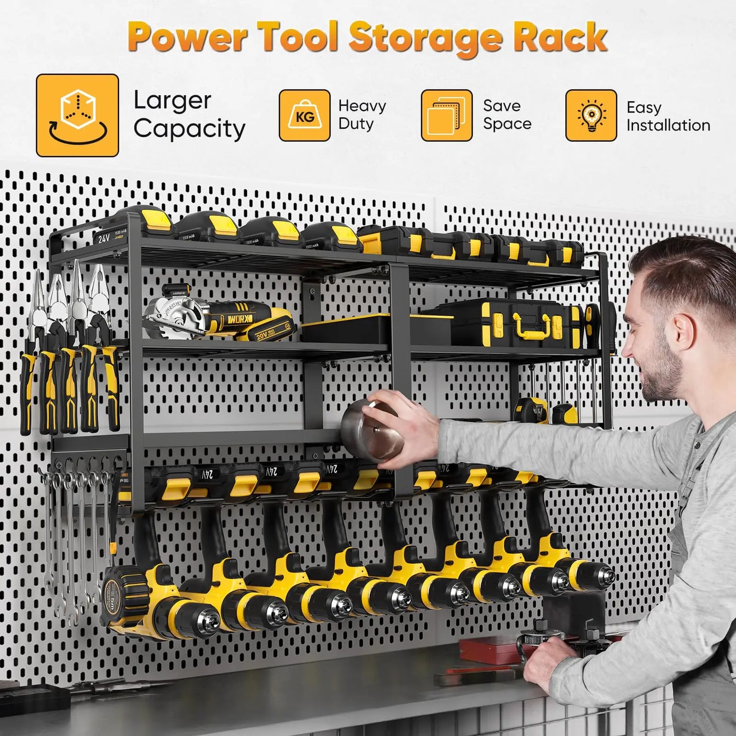 Power Tool Organizer, Wall Mount, Extended Large Heavy Duty Drill Holder, 4 Layer Garage and Storage, Suitable Utility Racks