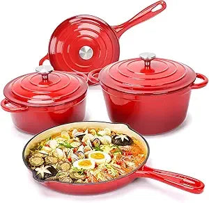 Enameled Cast Iron Cookware Set - 7 Piece Dutch Ovens Set, Sauce Pan, Skillet, 3 Lids, Pots and Pans Set, Ceramic Coated Cast Iron