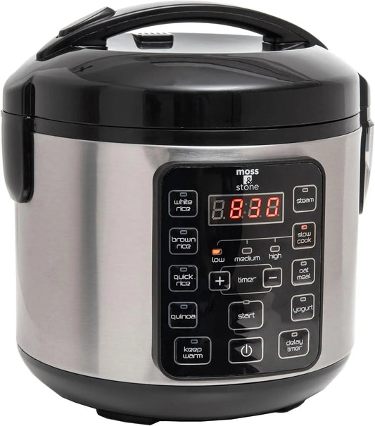 Small Digital Electric Rice Cooker, 4-8 Cups, 10 Preset Settings, Brown and White Rice Steamer, Slow Cooker with Steamer for Veg