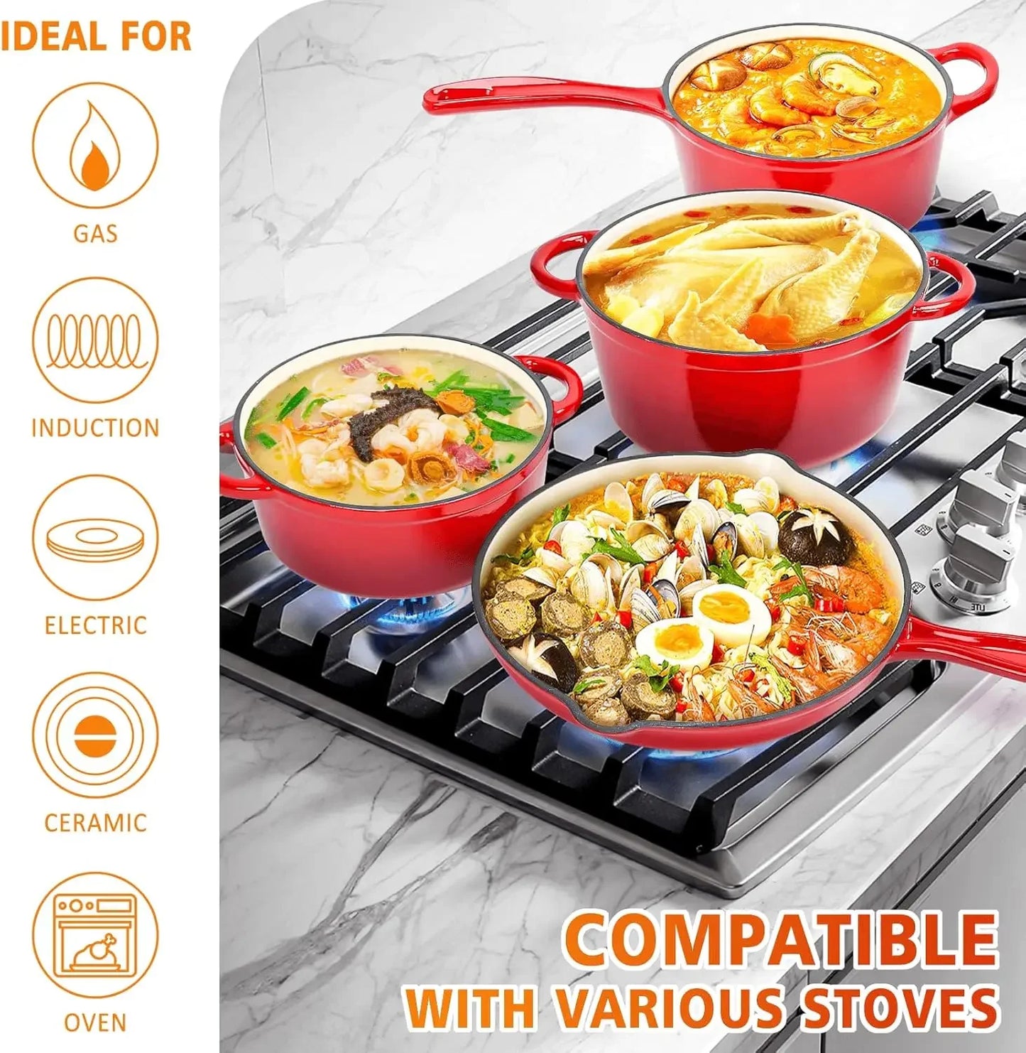 Enameled Cast Iron Cookware Set - 7 Piece Dutch Ovens Set, Sauce Pan, Skillet, 3 Lids, Pots and Pans Set, Ceramic Coated Cast Iron