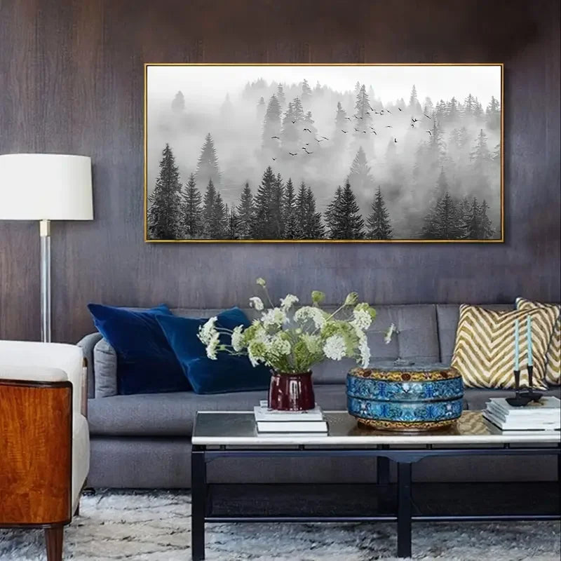 Majestic Foggy Forest Canvas Wall Art - Beautifully Framed & Ready to Hang - Monochromatic Elegance for Bedroom, Living Room