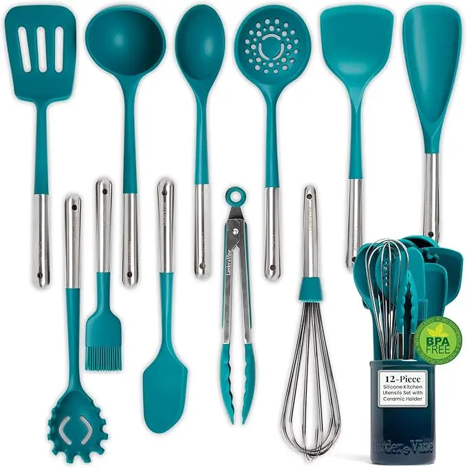 12 Piece Silicone Cooking Utensils Set, Silicone Utensils with Stainless Steel Handle and Ceramic Holder;  Kitchen Utensils Set