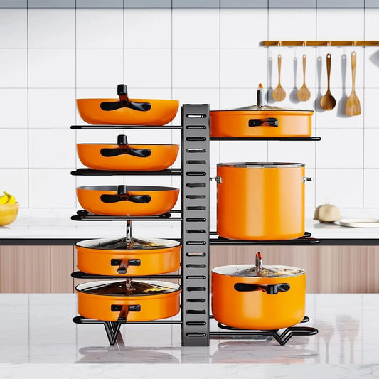 A pot storage rack with 8 layers for pots, bowls, and pans, suitable for kitchen cabinets, cookware storage, and lid storage