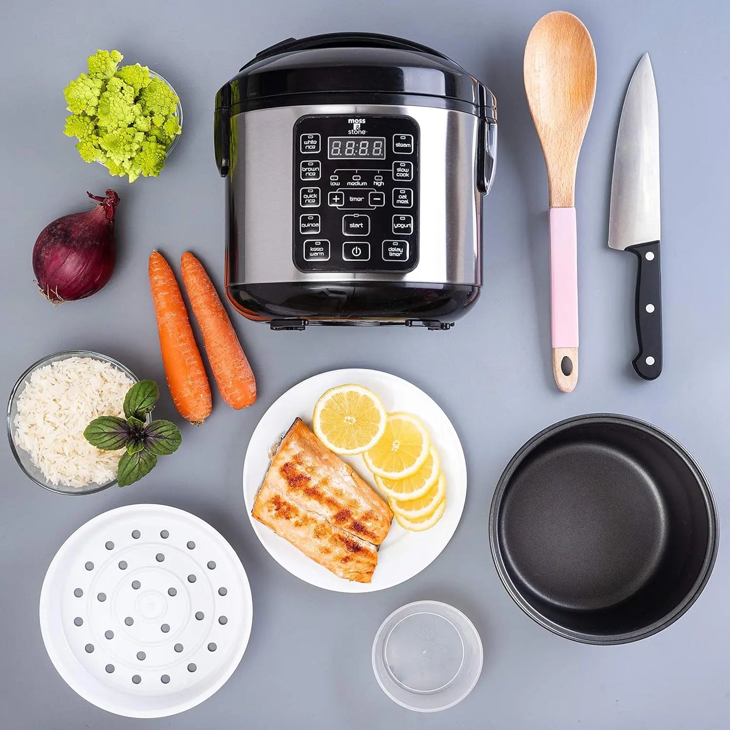 Small Digital Electric Rice Cooker, 4-8 Cups, 10 Preset Settings, Brown and White Rice Steamer, Slow Cooker with Steamer for Veg