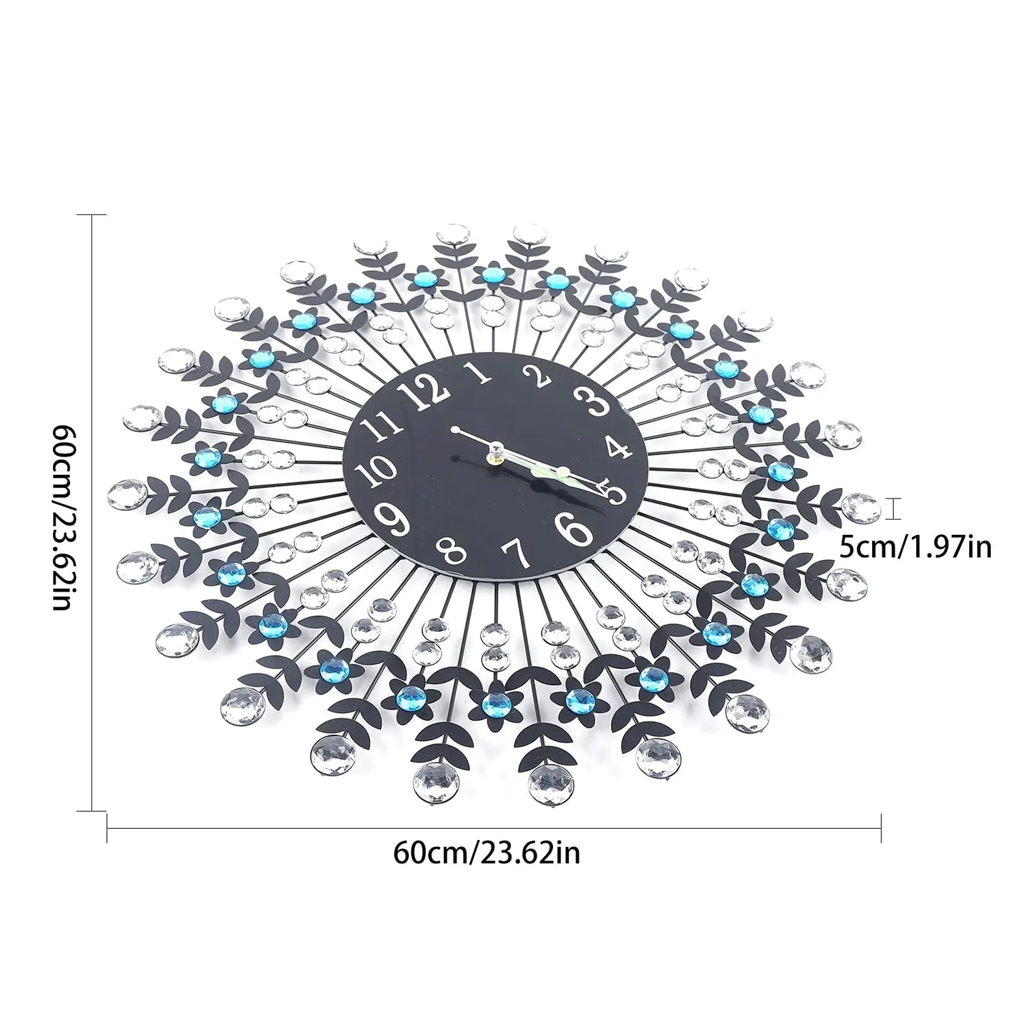 24'' Crystal Wall Clock, Large Décor Wall Clock Black Crystal Clock, Quartz Movement Wall Décor Clock W/Night Light